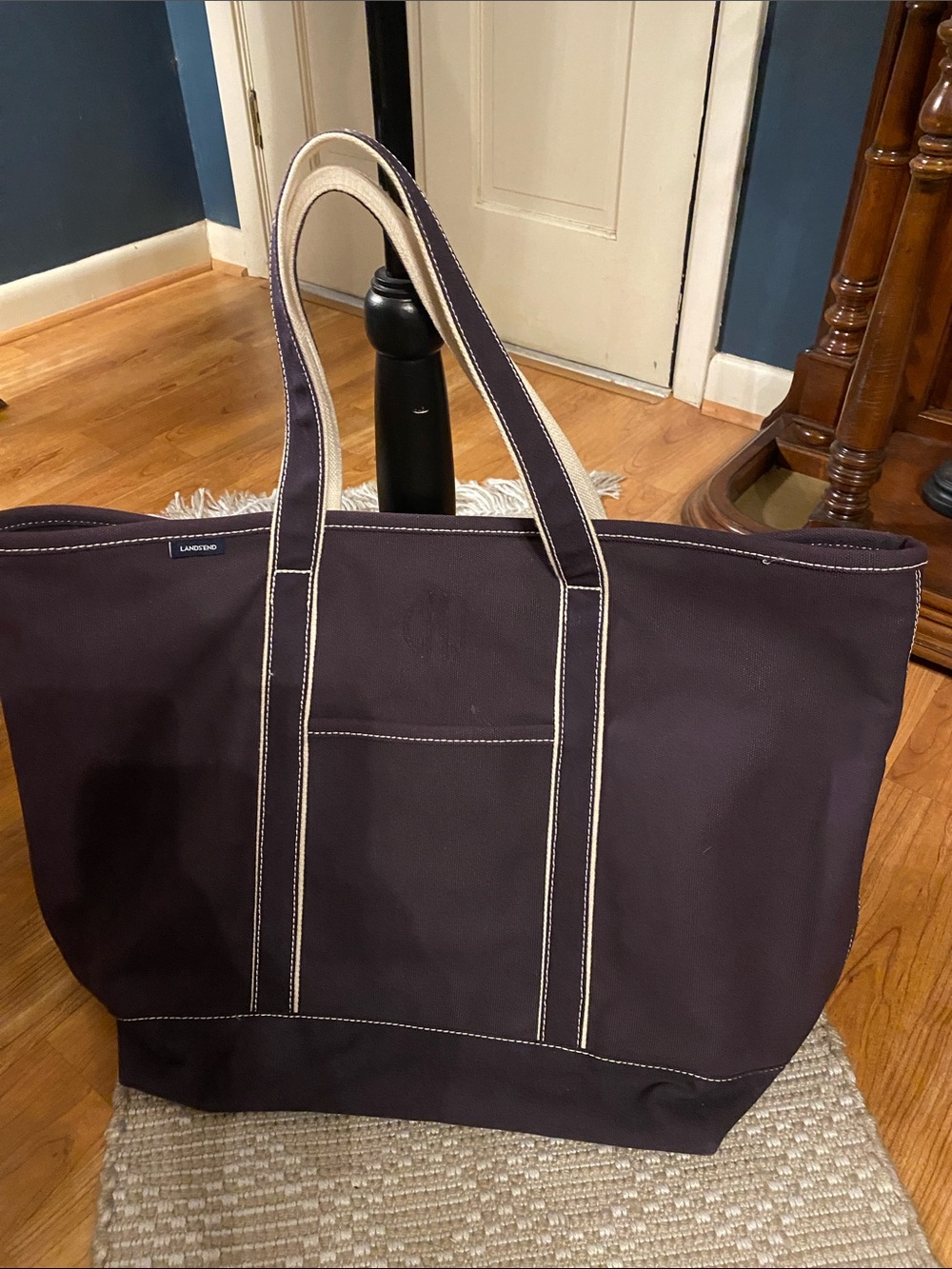 Lands' End XL Unisex Duffel Canvas Tote in Deep Brown with Cream Trim